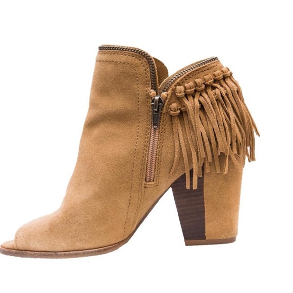DV by Dolce Vita Shoes - DV by Dolce Vita Tan Suede Fringe Peep Toe Booties